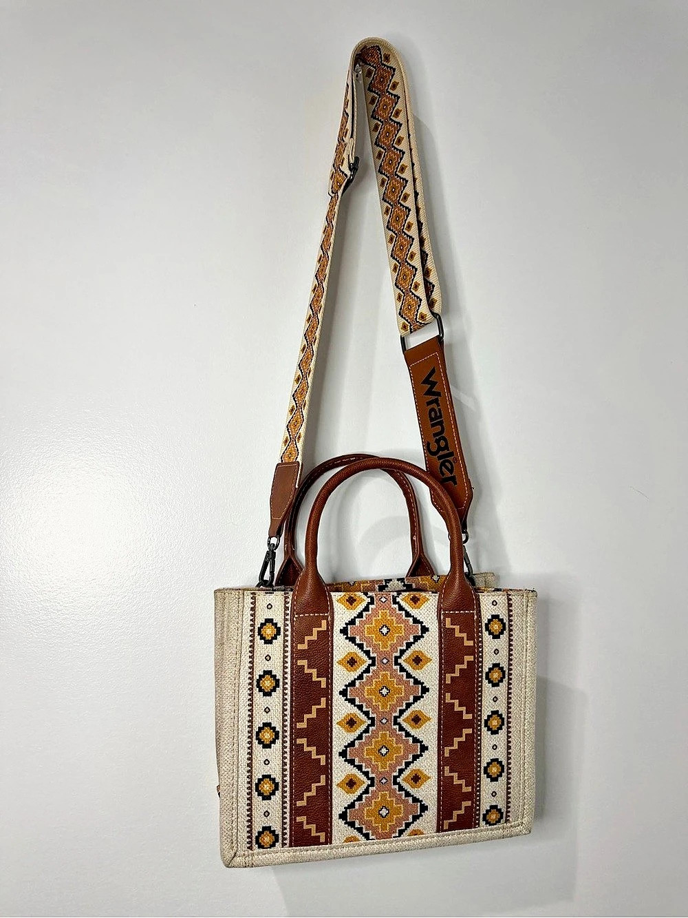 Wrangler Aztec Print Canvas Small Tote with Guitar Strap Brown & Cream